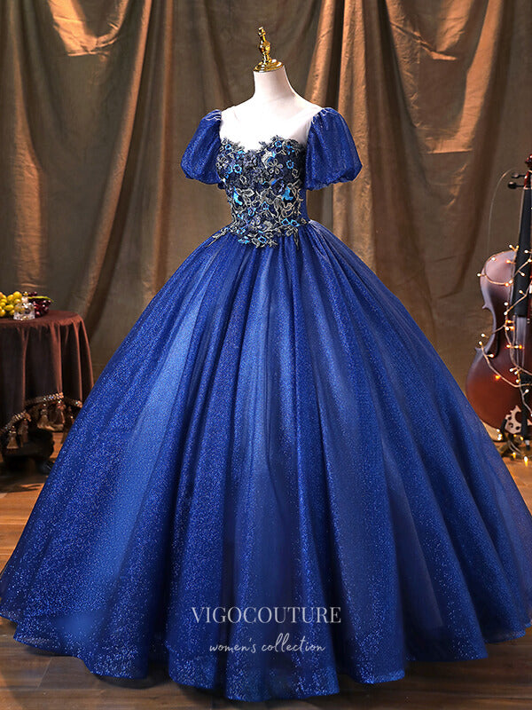 vigocouture-Blue Lace Applique Quinceanera Dresses Puffed Sleeve Sweet 15 Dresses 21369-Prom Dresses-vigocouture-