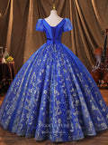 vigocouture-Blue Lace Applique Quinceanera Dresses Puffed Sleeve Sweet 15 Dresses 21373-Prom Dresses-vigocouture-