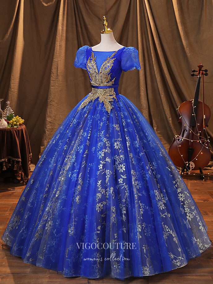 vigocouture-Blue Lace Applique Quinceanera Dresses Puffed Sleeve Sweet 15 Dresses 21373-Prom Dresses-vigocouture-