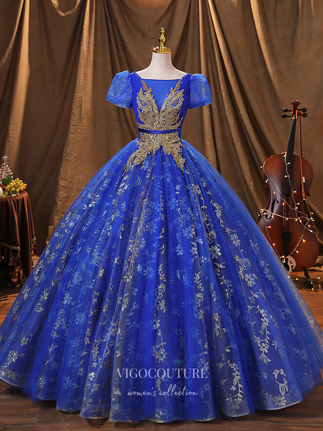 vigocouture-Blue Lace Applique Quinceanera Dresses Puffed Sleeve Sweet 15 Dresses 21373-Prom Dresses-vigocouture-Blue-Custom Size-