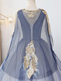 vigocouture-Blue Lace Applique Quinceanera Dresses Removable Cape Sweet 16 Dresses 21394-Prom Dresses-vigocouture-