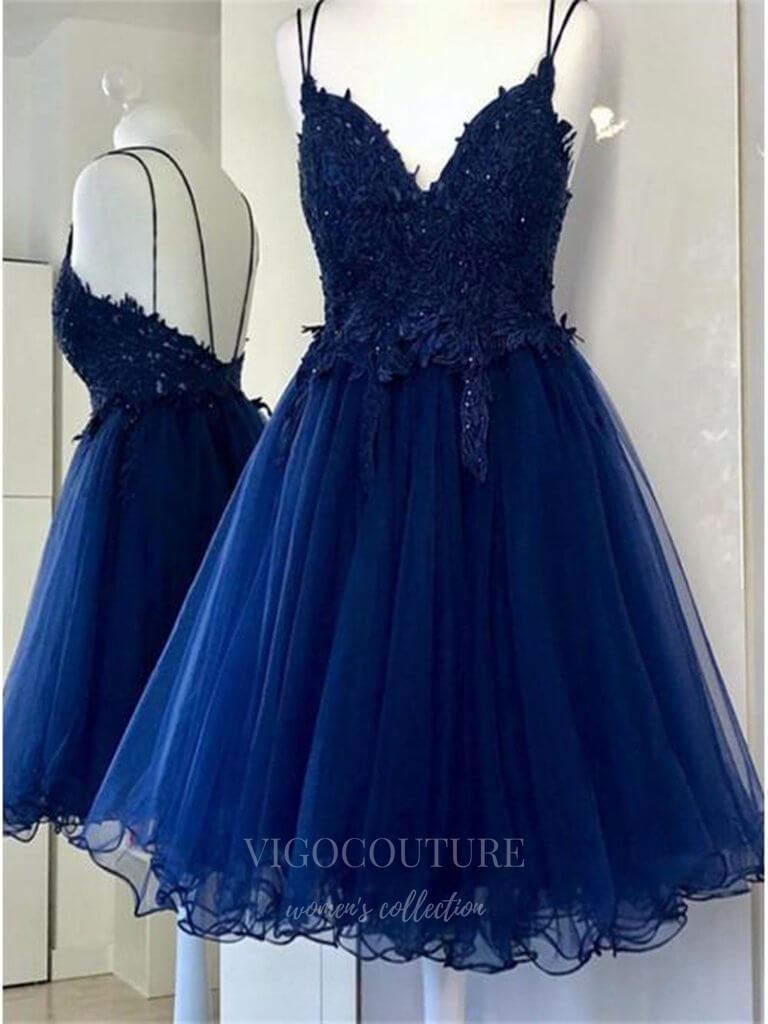 vigocouture-Blue Lace Homecoming Dress Spaghetti Strap Hoco Dress hc049-Prom Dresses-vigocouture-