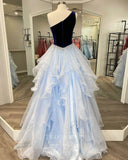 vigocouture-Blue Layered Ruffle Prom Dresses One Shoulder Evening Dress 21695-Prom Dresses-vigocouture-
