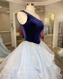 vigocouture-Blue Layered Ruffle Prom Dresses One Shoulder Evening Dress 21695-Prom Dresses-vigocouture-