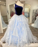 vigocouture-Blue Layered Ruffle Prom Dresses One Shoulder Evening Dress 21695-Prom Dresses-vigocouture-Light Blue-US2-