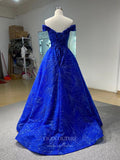 vigocouture-Blue Long Sleeve Ball Gown Lace Formal Dresses 66530-Prom Dresses-vigocouture-