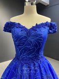 vigocouture-Blue Long Sleeve Ball Gown Lace Formal Dresses 66530-Prom Dresses-vigocouture-