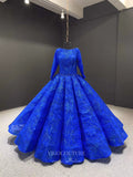 vigocouture-Blue Long Sleeve Ball Gown Lace Formal Dresses 66530-Prom Dresses-vigocouture-Blue-Custom Size-