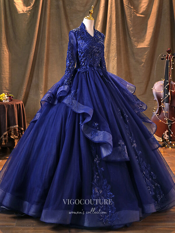 vigocouture-Blue Long Sleeve Quinceanera Dresses Lace Applique Formal Dresses 21366-Prom Dresses-vigocouture-