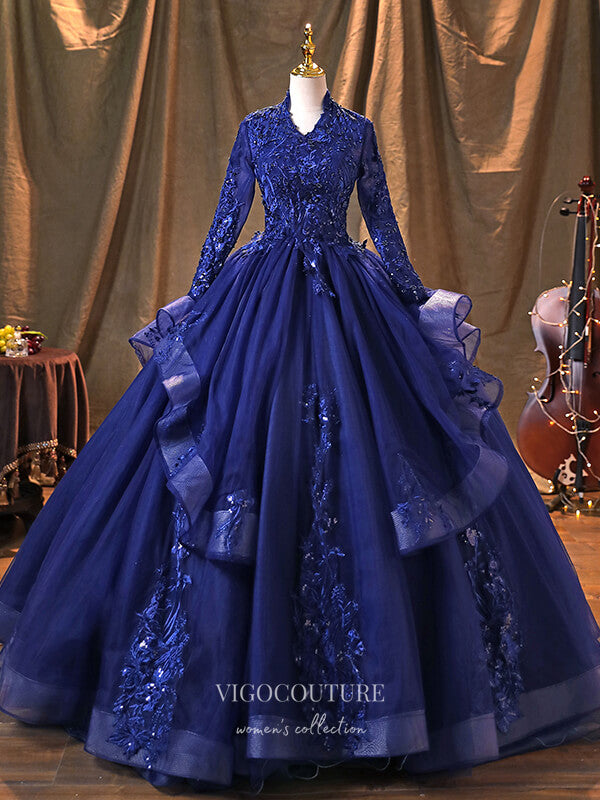 vigocouture-Blue Long Sleeve Quinceanera Dresses Lace Applique Formal Dresses 21366-Prom Dresses-vigocouture-Blue-Custom Size-