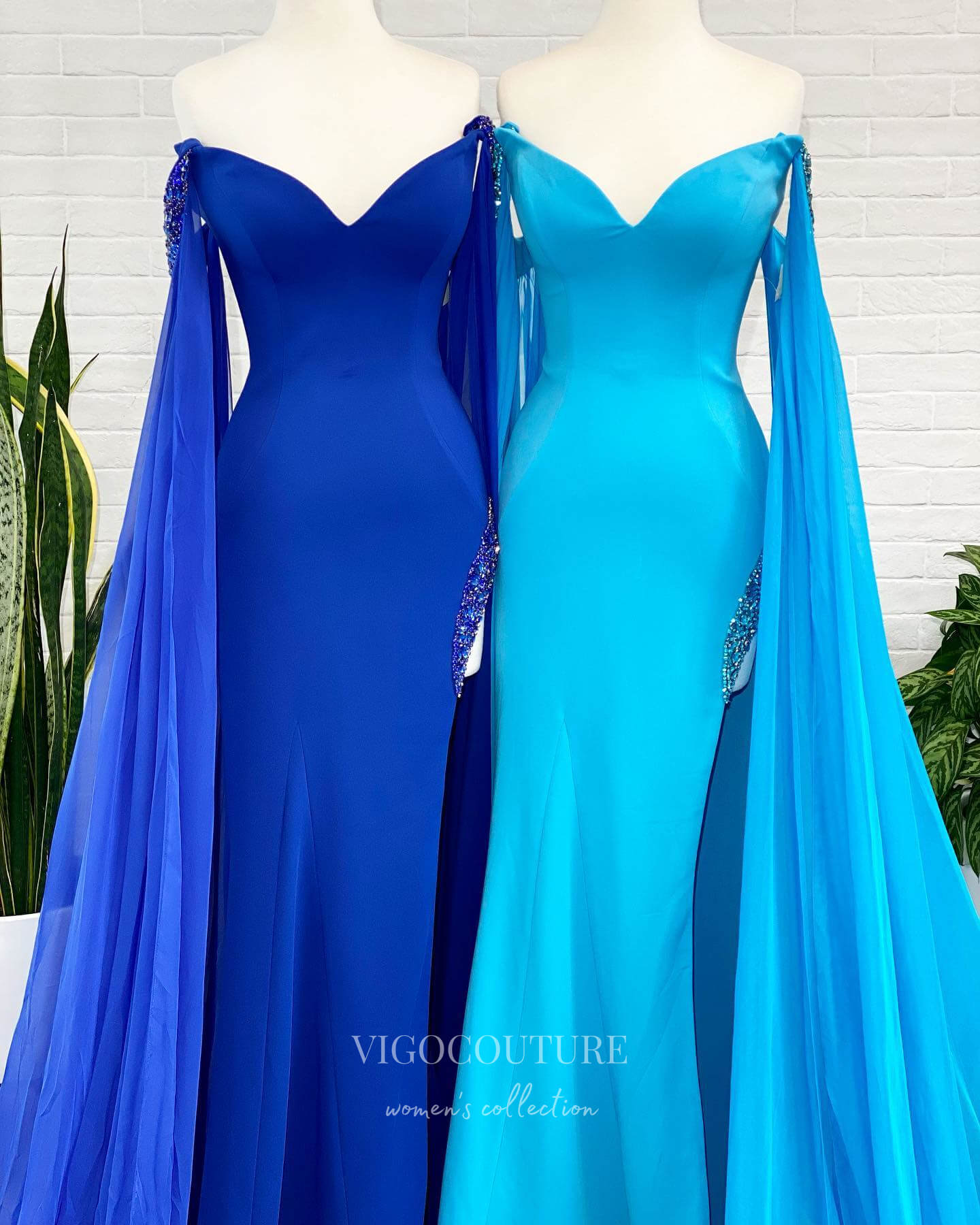 vigocouture-Blue Mermaid Cape Sleeve Prom Dresses Sweetheart Neck Evening Dress 21694-Prom Dresses-vigocouture-