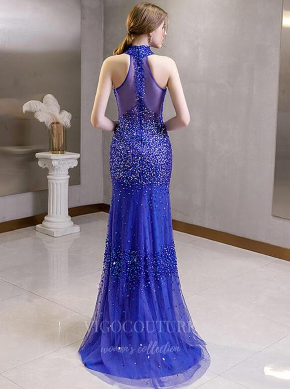 vigocouture-Blue Mermaid Halter Neck Beaded Prom Dress 20267-Prom Dresses-vigocouture-