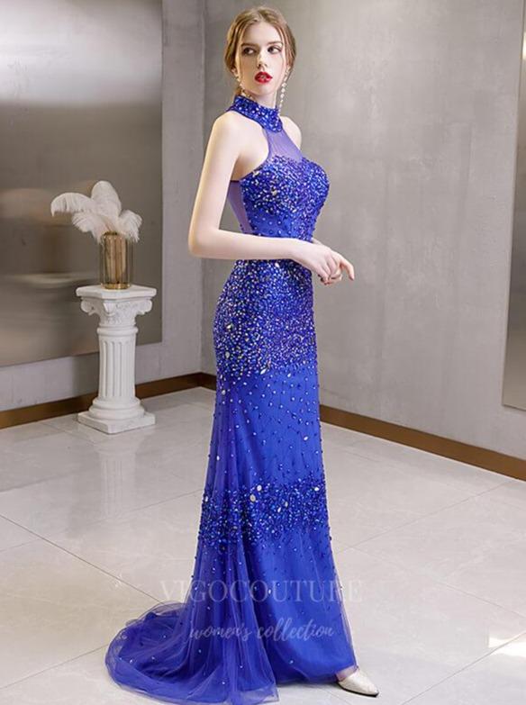 vigocouture-Blue Mermaid Halter Neck Beaded Prom Dress 20267-Prom Dresses-vigocouture-Blue-US2-