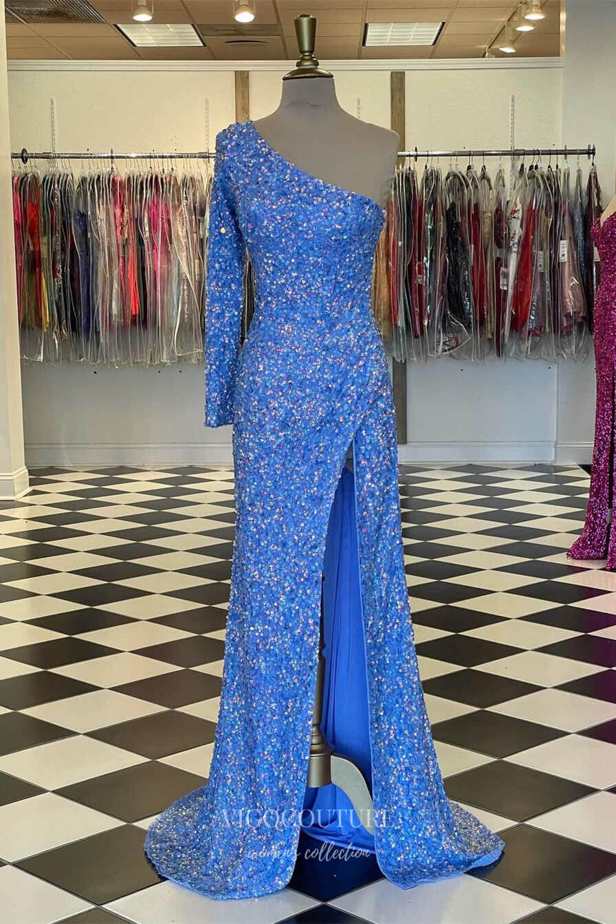 Blue Mermaid Sequin Prom Dresses with Slit One Shoulder Evening Dress 21933-Prom Dresses-vigocouture-Blue-US2-vigocouture