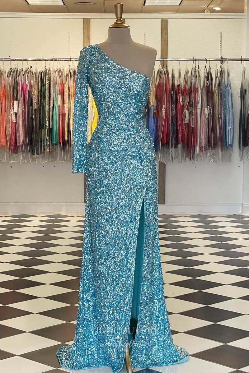Blue Mermaid Sequin Prom Dresses with Slit One Shoulder Evening Dress 21933-Prom Dresses-vigocouture-Green-US2-vigocouture