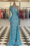 Blue Mermaid Sequin Prom Dresses with Slit One Shoulder Evening Dress 21933-Prom Dresses-vigocouture-Green-US2-vigocouture