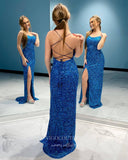 Blue Mermaid Sequin Prom Dresses with Slit Spaghetti Strap Evening Dress 21944-Prom Dresses-vigocouture-Blue-US2-vigocouture