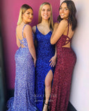 Blue Mermaid Sequin Prom Dresses with Slit Spaghetti Strap Evening Dress 21950-Prom Dresses-vigocouture-Blue-US2-vigocouture
