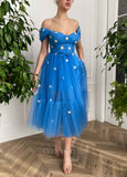 vigocouture-Blue Off the Shoulder Maxi Dress Floral Prom Dress 20983-Prom Dresses-vigocouture-