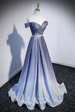 Blue Ombre Sparkly Satin Prom Dress with Off-the-Shoulder 22263-Prom Dresses-vigocouture-Blue-Custom Size-vigocouture