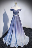 Blue Ombre Sparkly Satin Prom Dress with Off-the-Shoulder 22263-Prom Dresses-vigocouture-Blue-Custom Size-vigocouture
