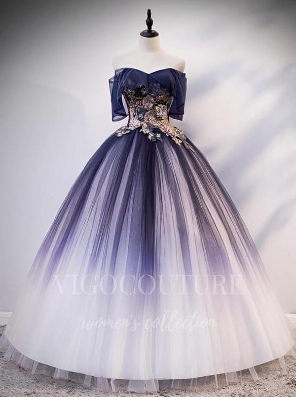 vigocouture-Blue Ombre Tiered Quinceanera Dresses Lace Applique Ball Gown 20420-Prom Dresses-vigocouture-