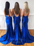 vigocouture-Blue Satin Mermaid Spaghetti Strap Prom Dress 20615-Prom Dresses-vigocouture-
