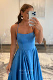 Blue Satin Prom Dress with Pockets and Spaghetti Strap 22226-Prom Dresses-vigocouture-Blue-Custom Size-vigocouture