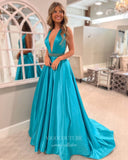 Blue Satin Prom Dresses Plunging V-Neck Evening Dress 21900-Prom Dresses-vigocouture-Blue-US2-vigocouture