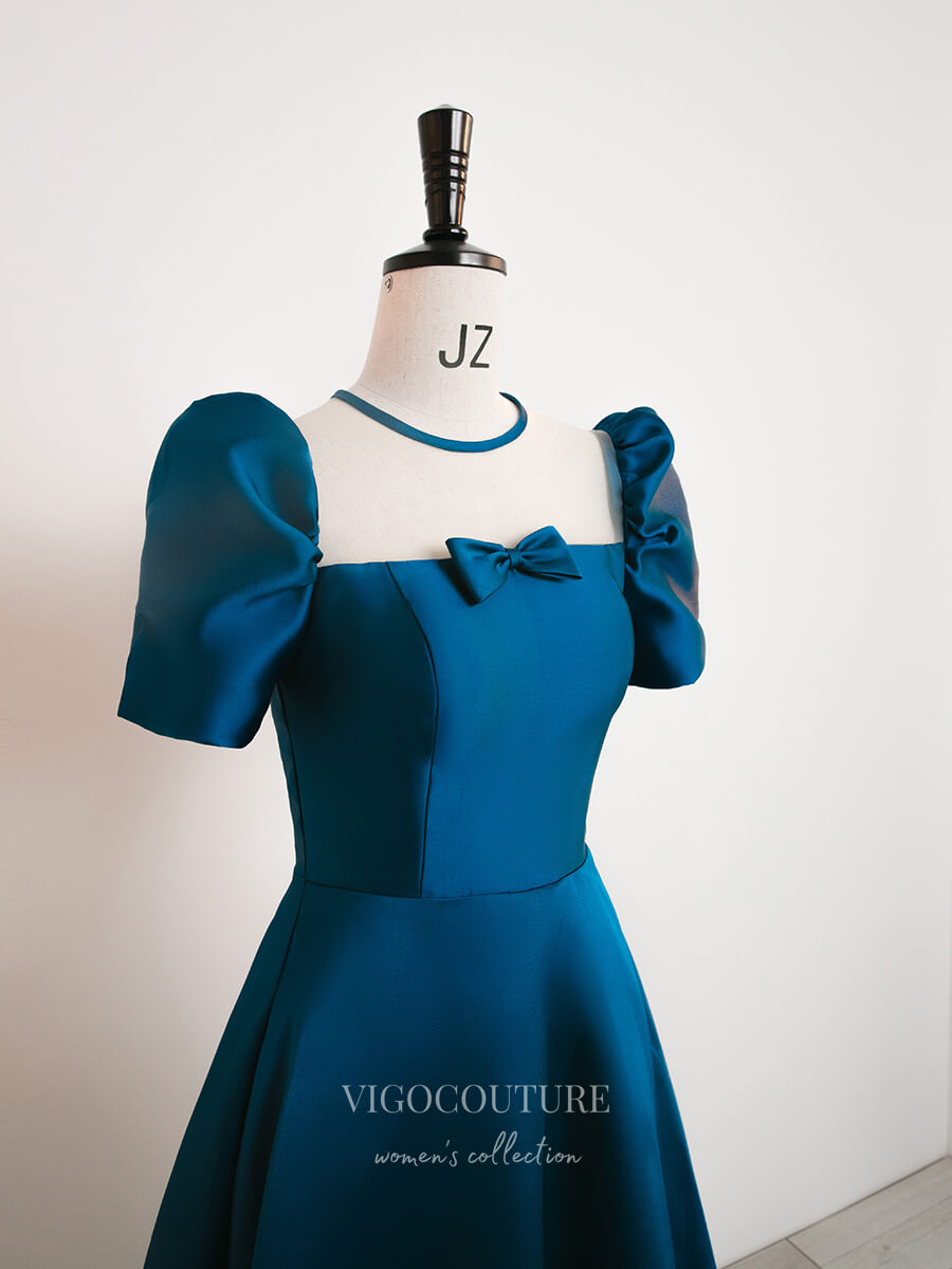 vigocouture-Blue Satin Prom Dresses Puffed Sleeve Formal Dresses 21030-Prom Dresses-vigocouture-