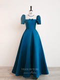 vigocouture-Blue Satin Prom Dresses Puffed Sleeve Formal Dresses 21030-Prom Dresses-vigocouture-Blue-Custom Size-