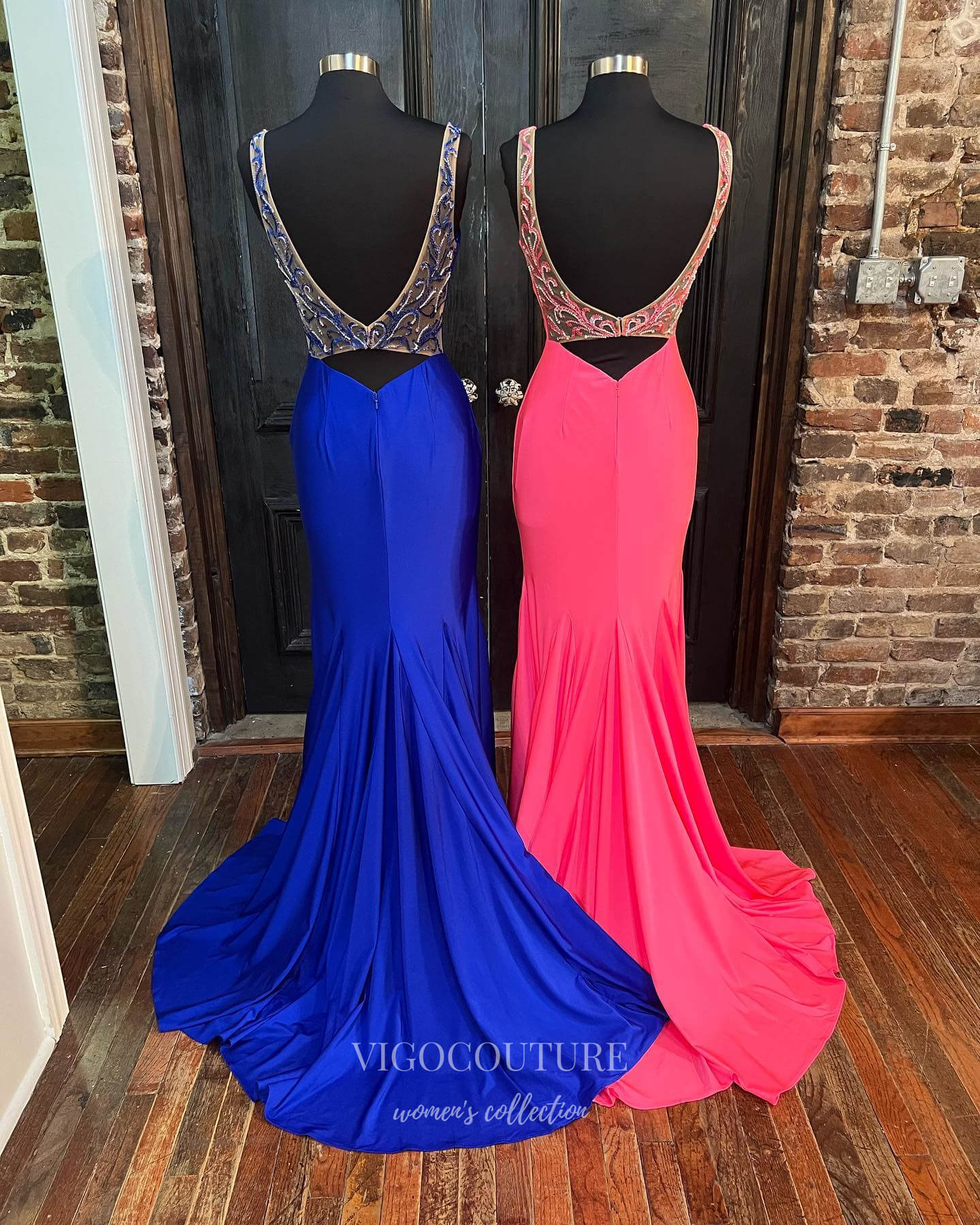 Blue Satin Prom Dresses V-Neck Mermaid Evening Dress 21907-Prom Dresses-vigocouture-Blue-US2-vigocouture