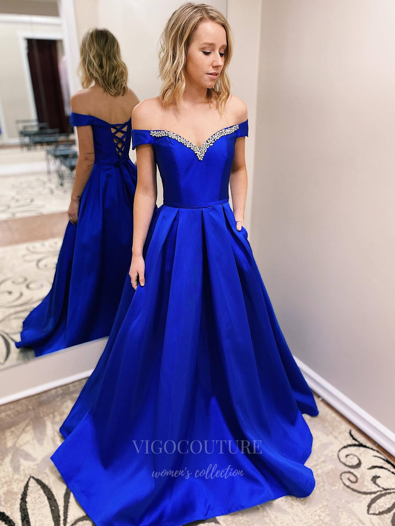 vigocouture-Satin V-Neck A-Line Spaghetti Strap Prom Dress 20939-Prom Dresses-vigocouture-Blue-US2-