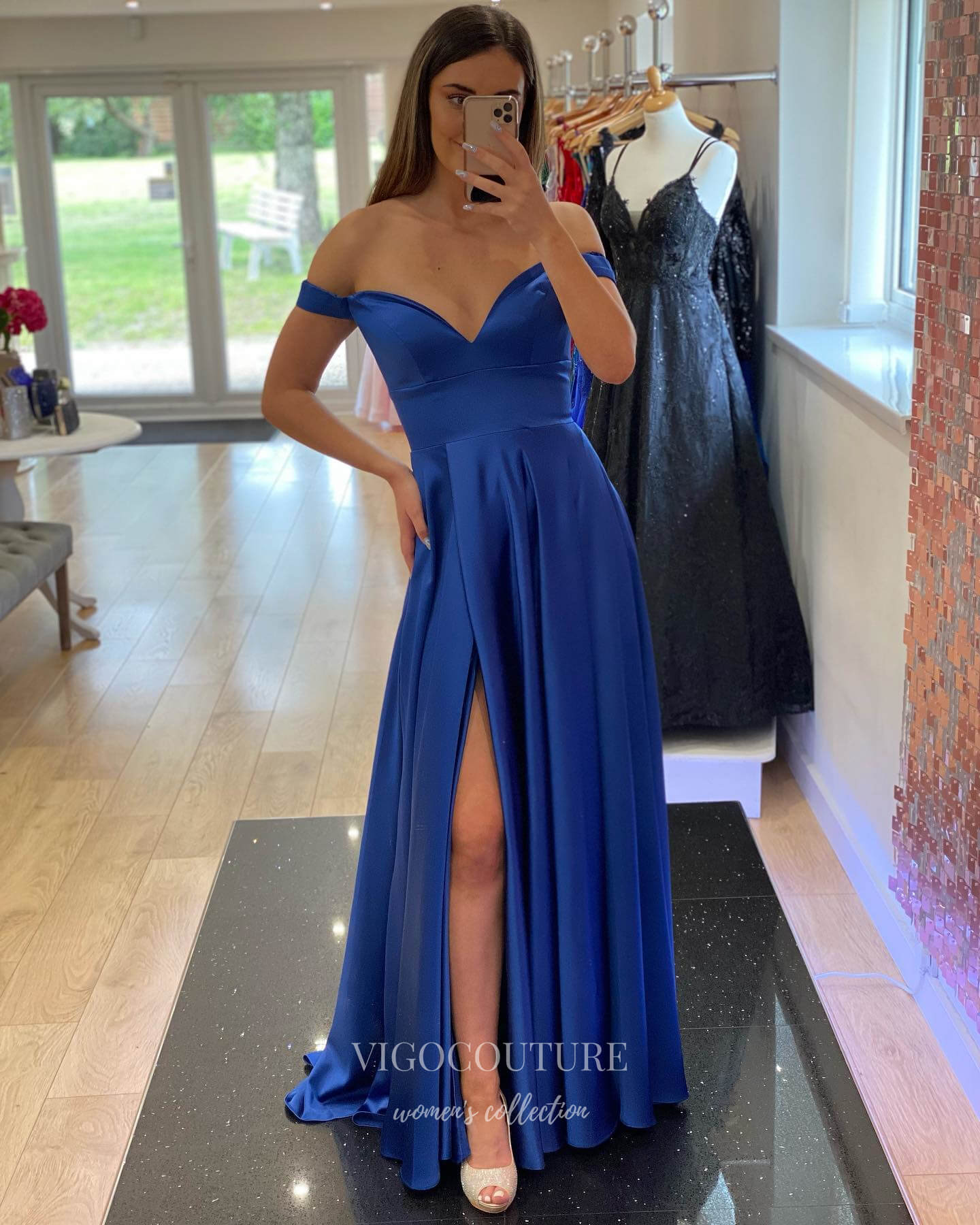 Blue Satin Prom Dresses with Slit Off the Shoulder Evening Dress 22018-Prom Dresses-vigocouture-Blue-Custom Size-vigocouture