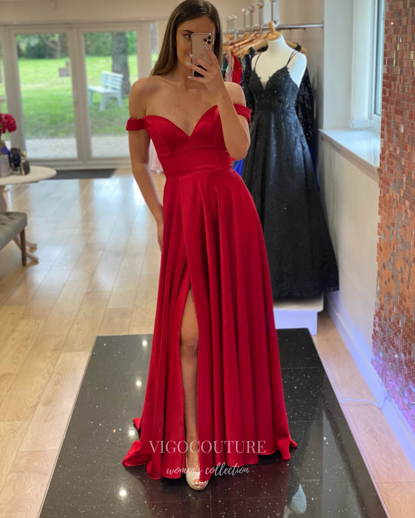 Blue Satin Prom Dresses with Slit Off the Shoulder Evening Dress 22018-Prom Dresses-vigocouture-Red-Custom Size-vigocouture