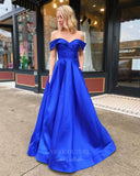 vigocouture-Blue Satin Off the Shoulder Prom Dress 20841-Prom Dresses-vigocouture-
