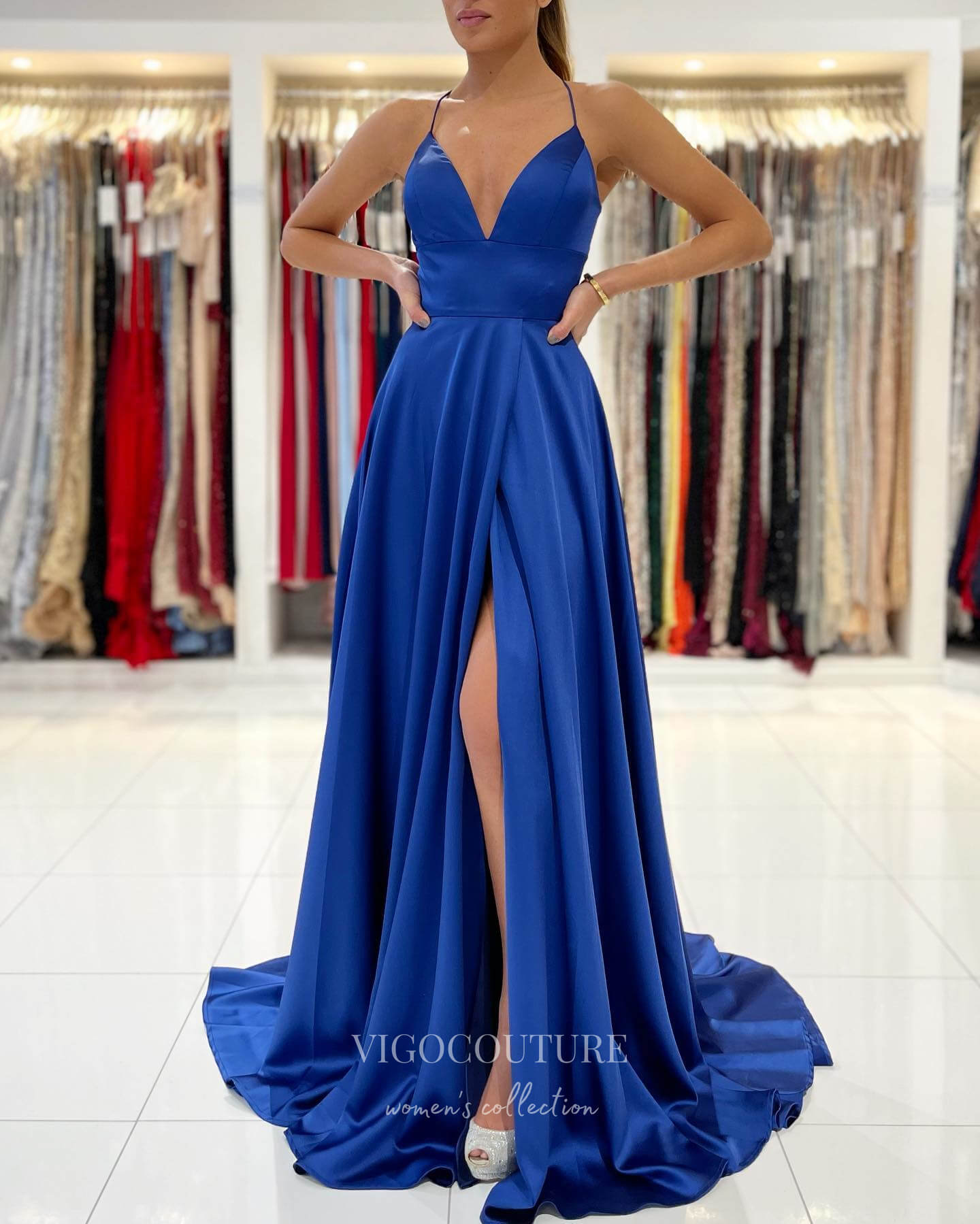 Blue Satin Prom Dresses With Slit Spaghetti Strap A-Line Evening Dress 21811-Prom Dresses-vigocouture-Blue-US2-vigocouture