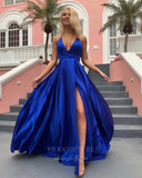 vigocouture-Satin A-Line Spaghetti Strap V-Neck Prom Dress 20937-Prom Dresses-vigocouture-Blue-US2-