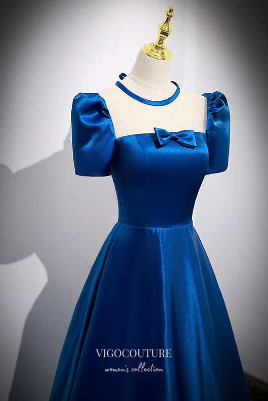 vigocouture-Blue Satin Puffed Sleeve Formal Dress A-Line Bow-Tie Prom Dresses 21657-Prom Dresses-vigocouture-