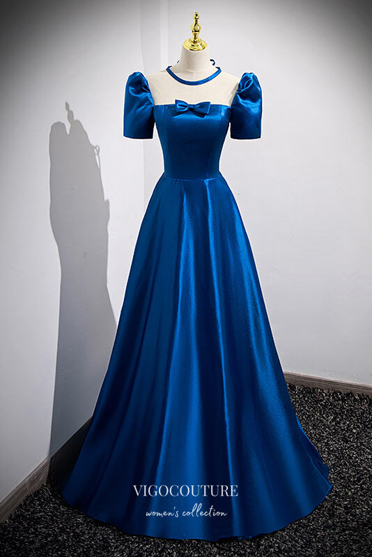 vigocouture-Blue Satin Puffed Sleeve Formal Dress A-Line Bow-Tie Prom Dresses 21657-Prom Dresses-vigocouture-Blue-US2-