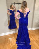 Blue Sequin Mermaid Prom Dresses Off the Shoulder Formal Gown 22004-Prom Dresses-vigocouture-Blue-US2-vigocouture