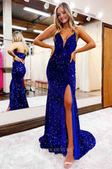 Stunning Royal Blue Sequin Mermaid Prom Dress with Spaghetti Strap and –  vigocouture