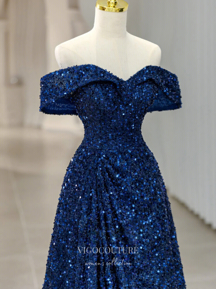 Blue Sequin Prom Dresses Off the Shoulder Evening Gown 22052-Prom Dresses-vigocouture-Blue-Custom Size-vigocouture