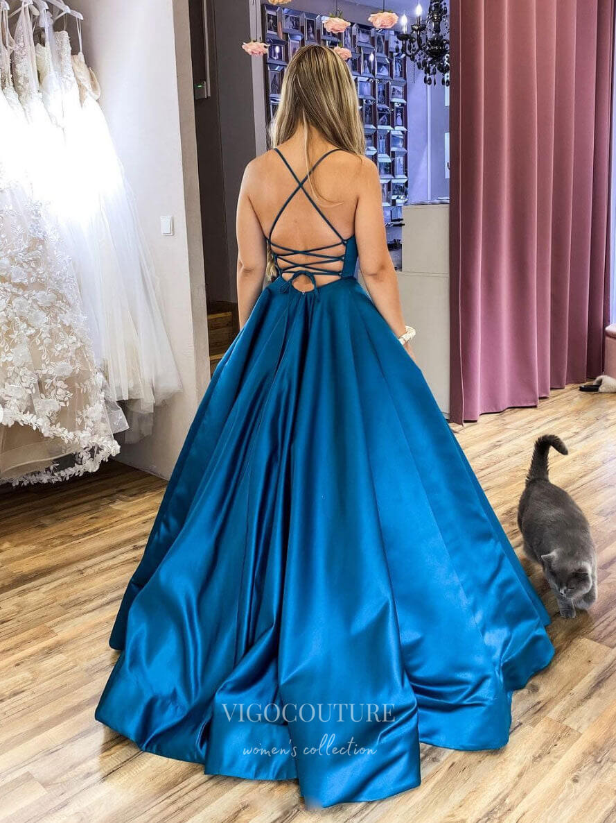 vigocouture-Blue Spaghetti Strap Prom Dresses Satin A-Line Evening Dress 21750-Prom Dresses-vigocouture-