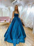 vigocouture-Blue Spaghetti Strap Prom Dresses Satin A-Line Evening Dress 21750-Prom Dresses-vigocouture-Blue-US2-