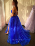vigocouture-Blue Spaghetti Strap Prom Dresses With High Slit Pleated A-Line Formal Dresses 21572-Prom Dresses-vigocouture-