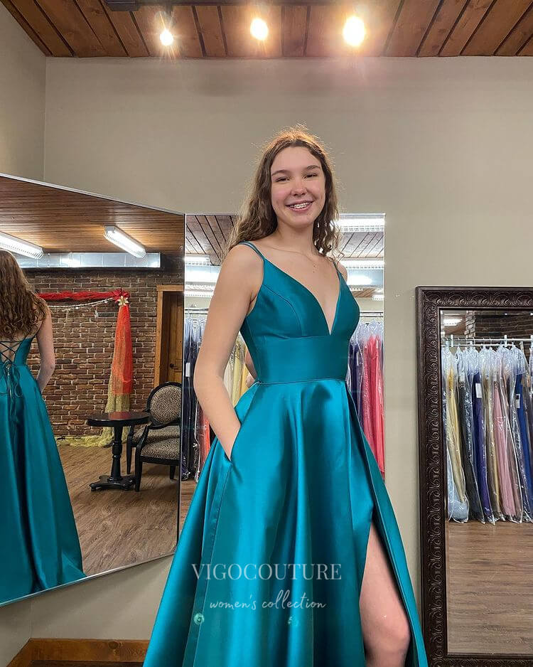 vigocouture-Blue Spaghetti Strap Prom Dresses With Pockets Satin V-Neck Evening Dress 21786-Prom Dresses-vigocouture-