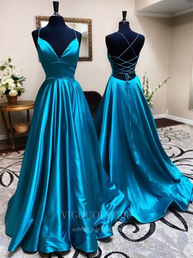 vigocouture-Blue Spaghetti Strap Satin Prom Dress 20376-Prom Dresses-vigocouture-Blue-US2-