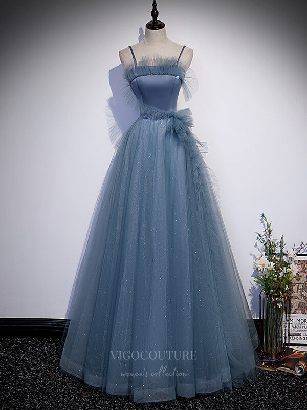 vigocouture-Blue Spaghetti Strap Sparkly Tulle Prom Dress 20902-Prom Dresses-vigocouture-Blue-Custom Size-