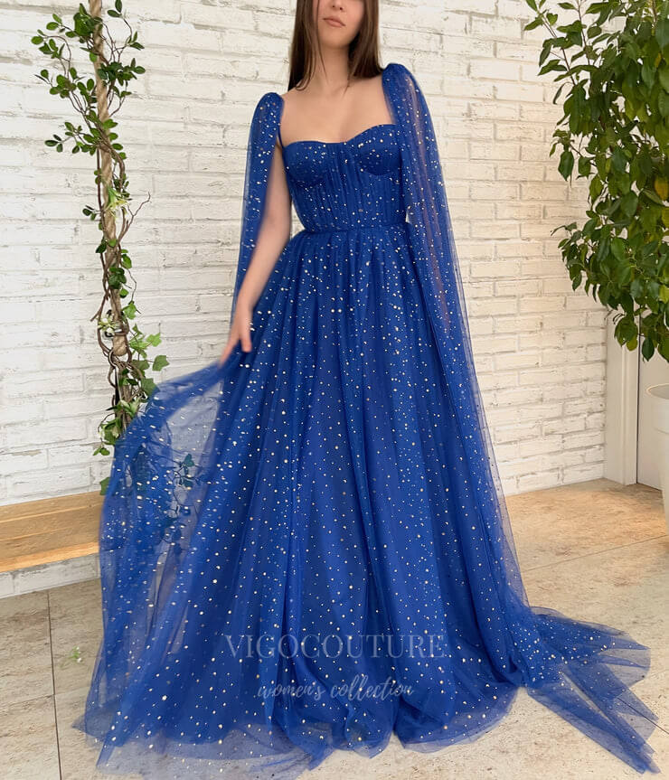 vigocouture-Blue Sparkly Cape Sleeve Prom Dress 20979-Prom Dresses-vigocouture-